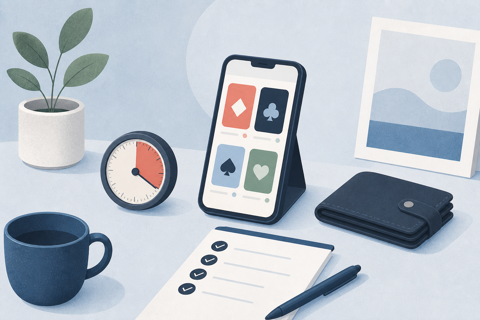 Responsible social play represented by a timer, wallet and checklist